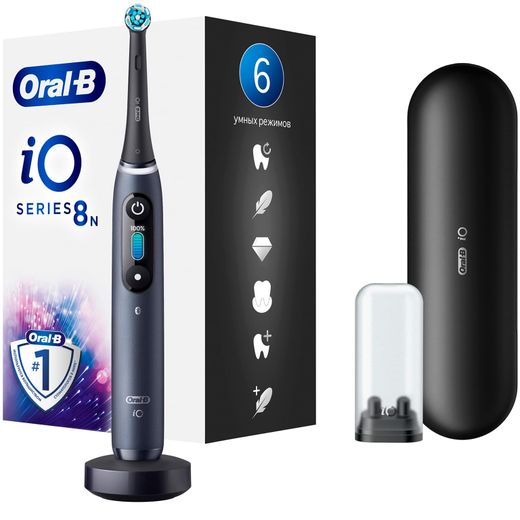Электрическая зубная щётка Oral-B iO Series 8 Black Onyx, с инновационной магнитной технологией, цветной дисплей, премиальный дорожный футляр, Чёрная