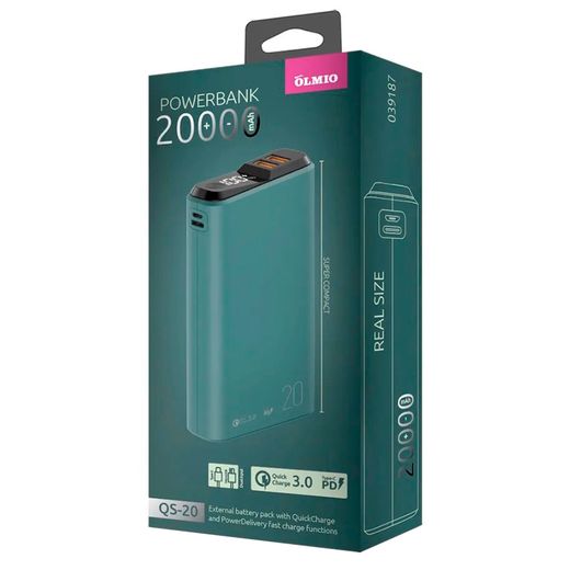 Внешний аккумулятор Olmio QS-20, 20000mAh, 20W PD,QC 3.0 midnight (39187)